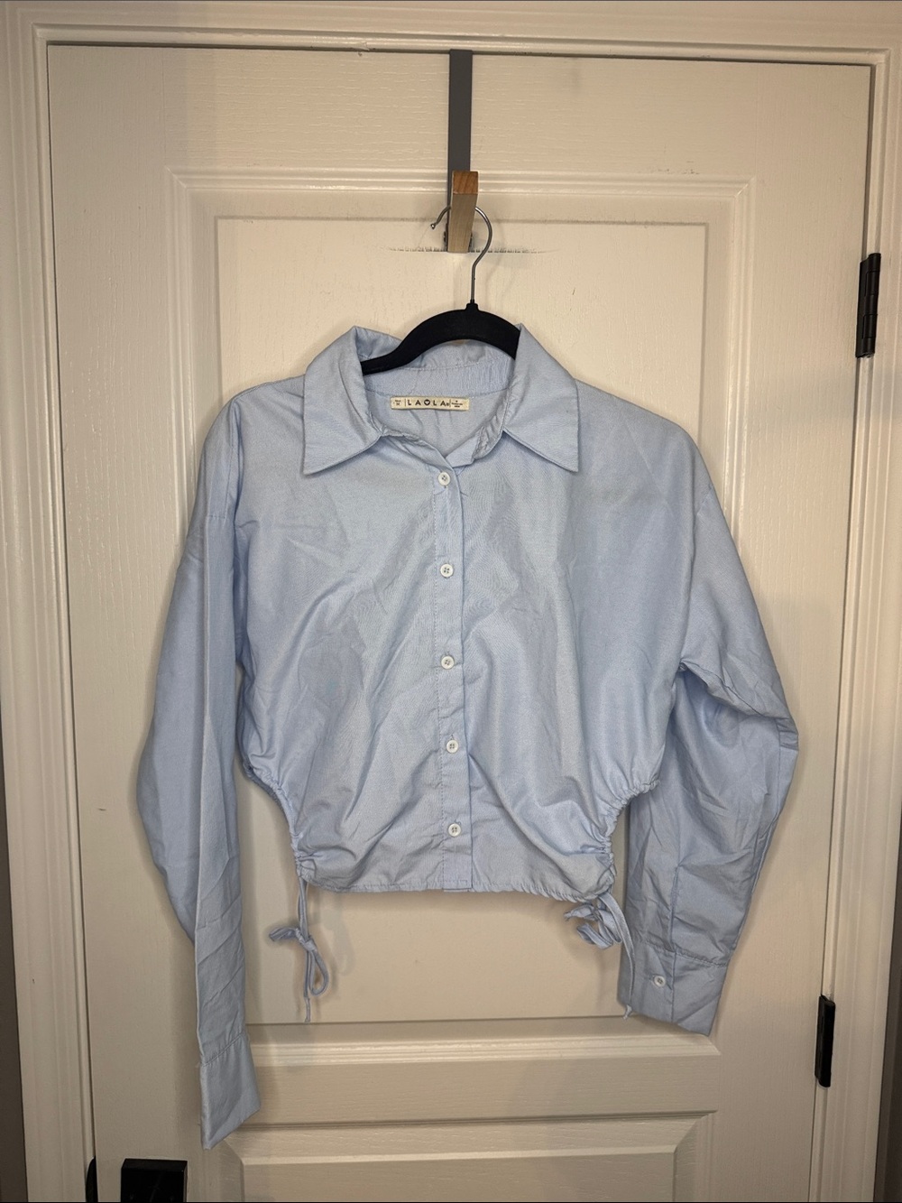 La la Pale Blue Cropped Button-Down Shirt with Side Ties